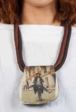 Italian Designer Necklaces^Handmade Fabric Necklace with Cyclist Graphic