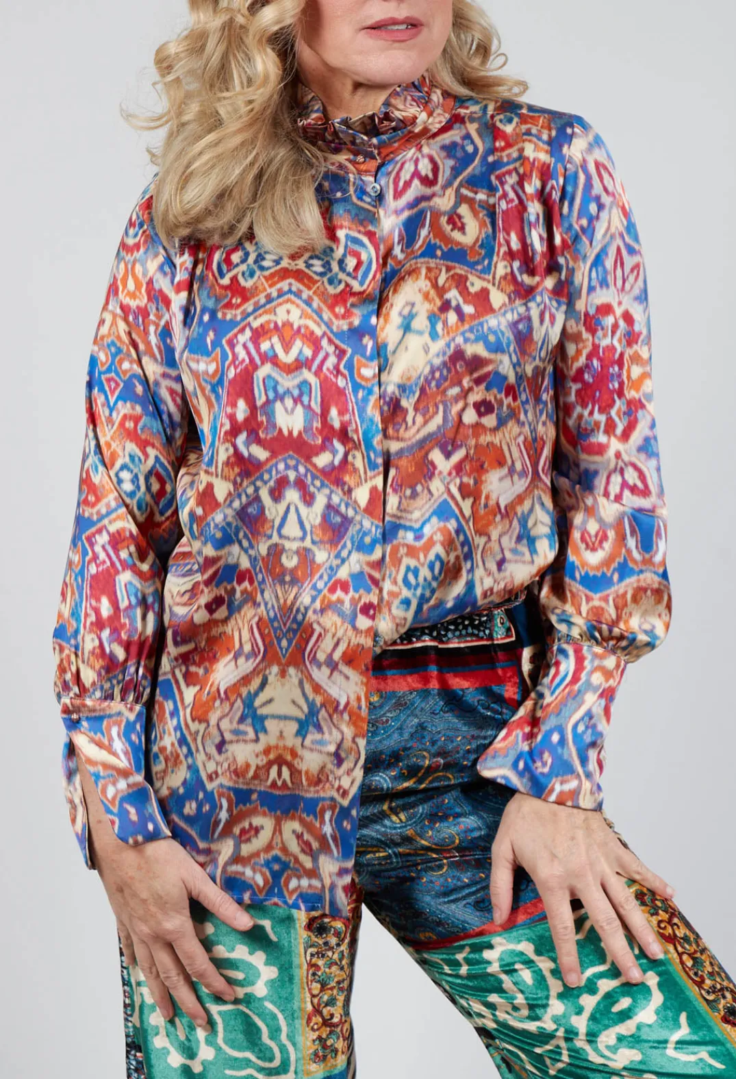 Sfizio Shirts & Blouses^High Neck Blouse with Ruffle in Azarro Print