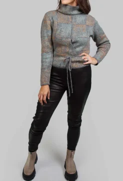 Sarah Pacini Jumpers^High Neck Jumper with Check Design in Grey Multicolour