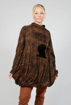 Rundholz Black Label Tops^High Neck Top with Bubble Hem in Bronze Flock Print