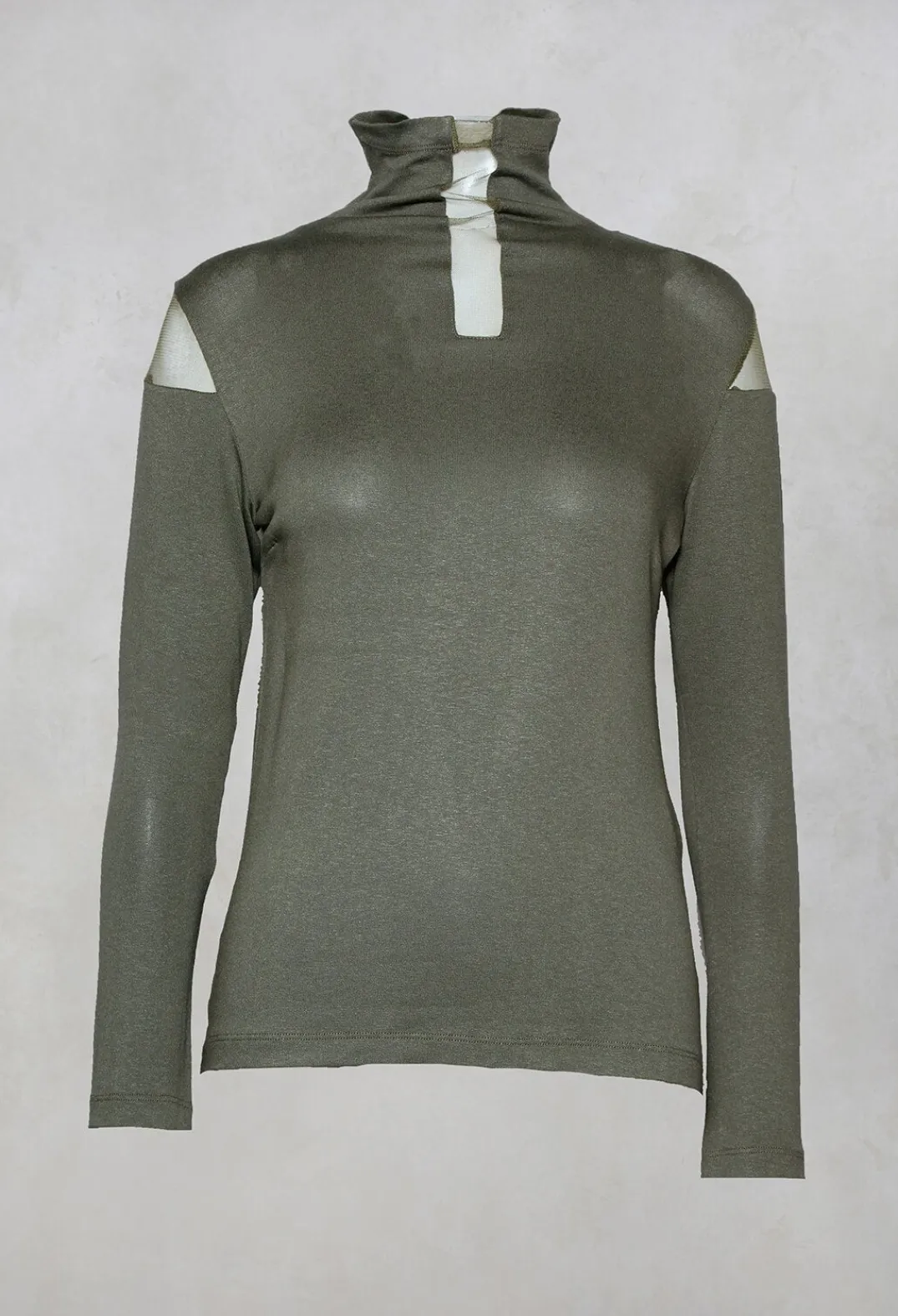 Nijii Shirts & Blouses^High Neck Top with Sheer Inserts in Khaki