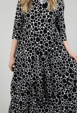 Bread and Butter Dresses^High-Neck Jersey Dress in White with Black Pois