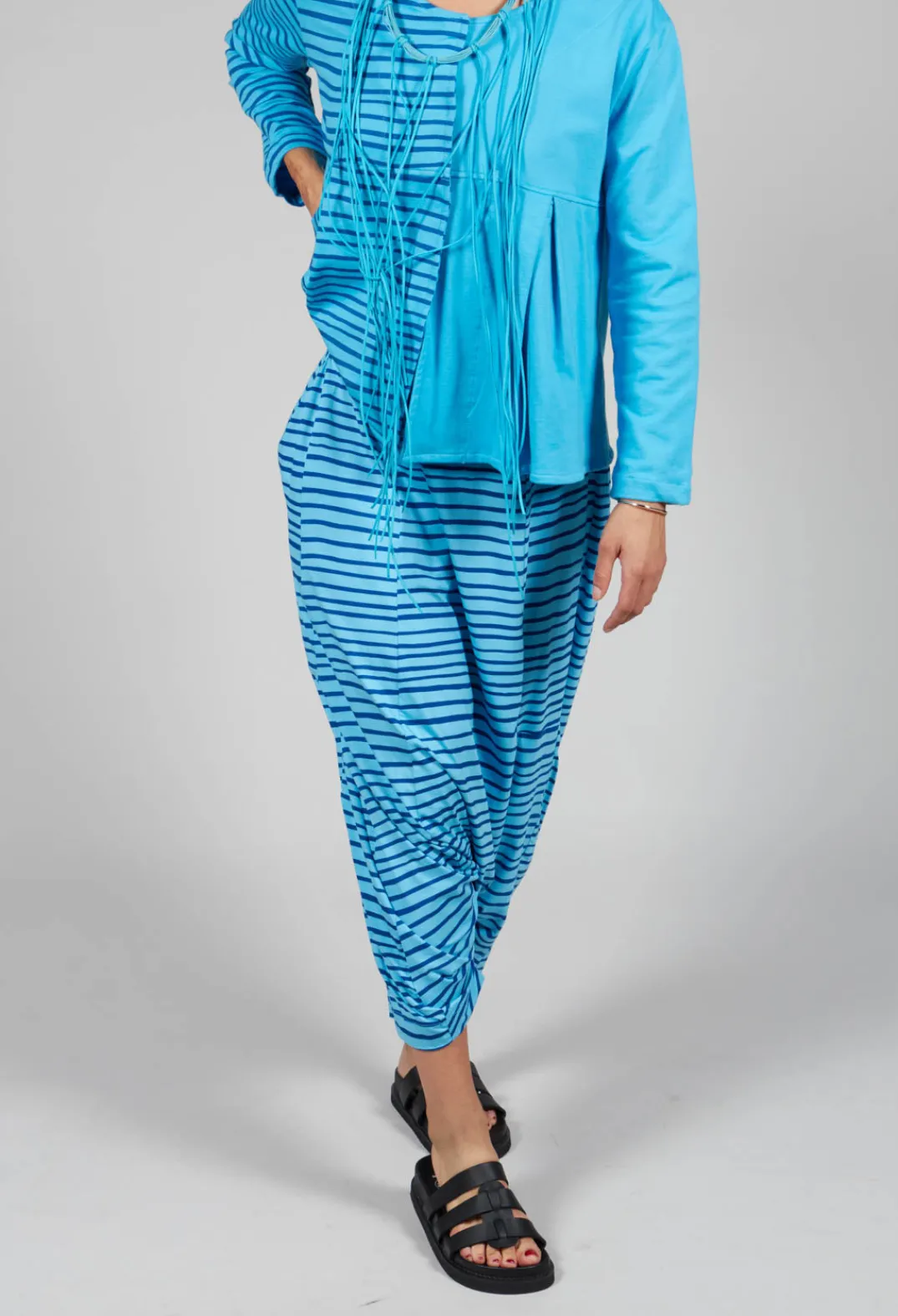 Bread and Butter Trousers^Jersey Drop-Crotch Trousers in Turquoise with Blue Lines