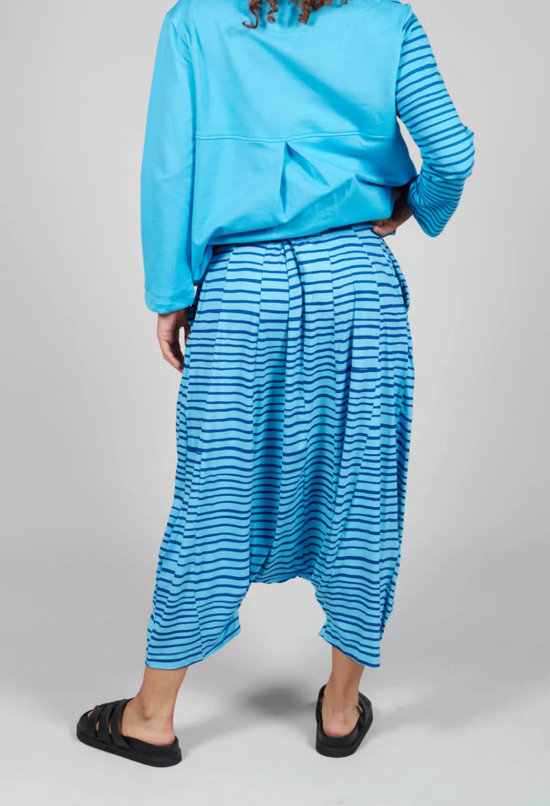 Bread and Butter Trousers^Jersey Drop-Crotch Trousers in Turquoise with Blue Lines