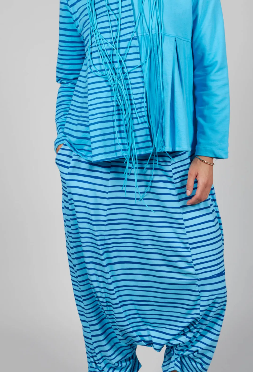 Bread and Butter Trousers^Jersey Drop-Crotch Trousers in Turquoise with Blue Lines