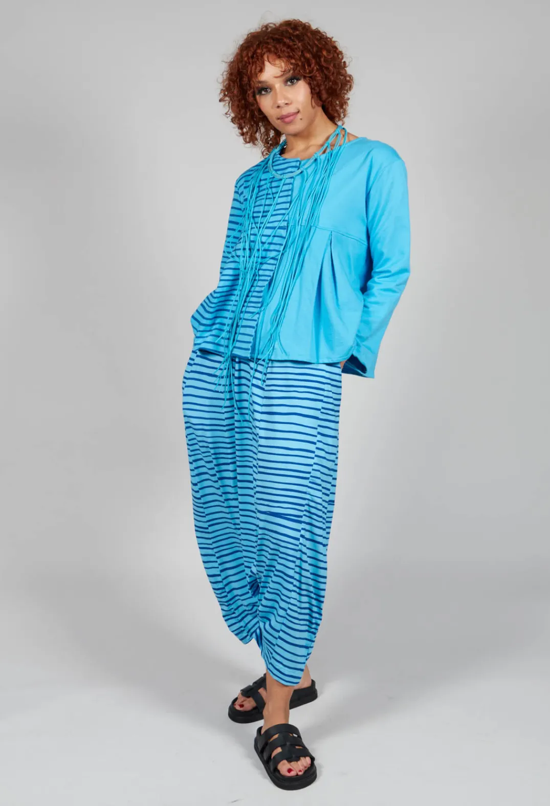 Bread and Butter Trousers^Jersey Drop-Crotch Trousers in Turquoise with Blue Lines