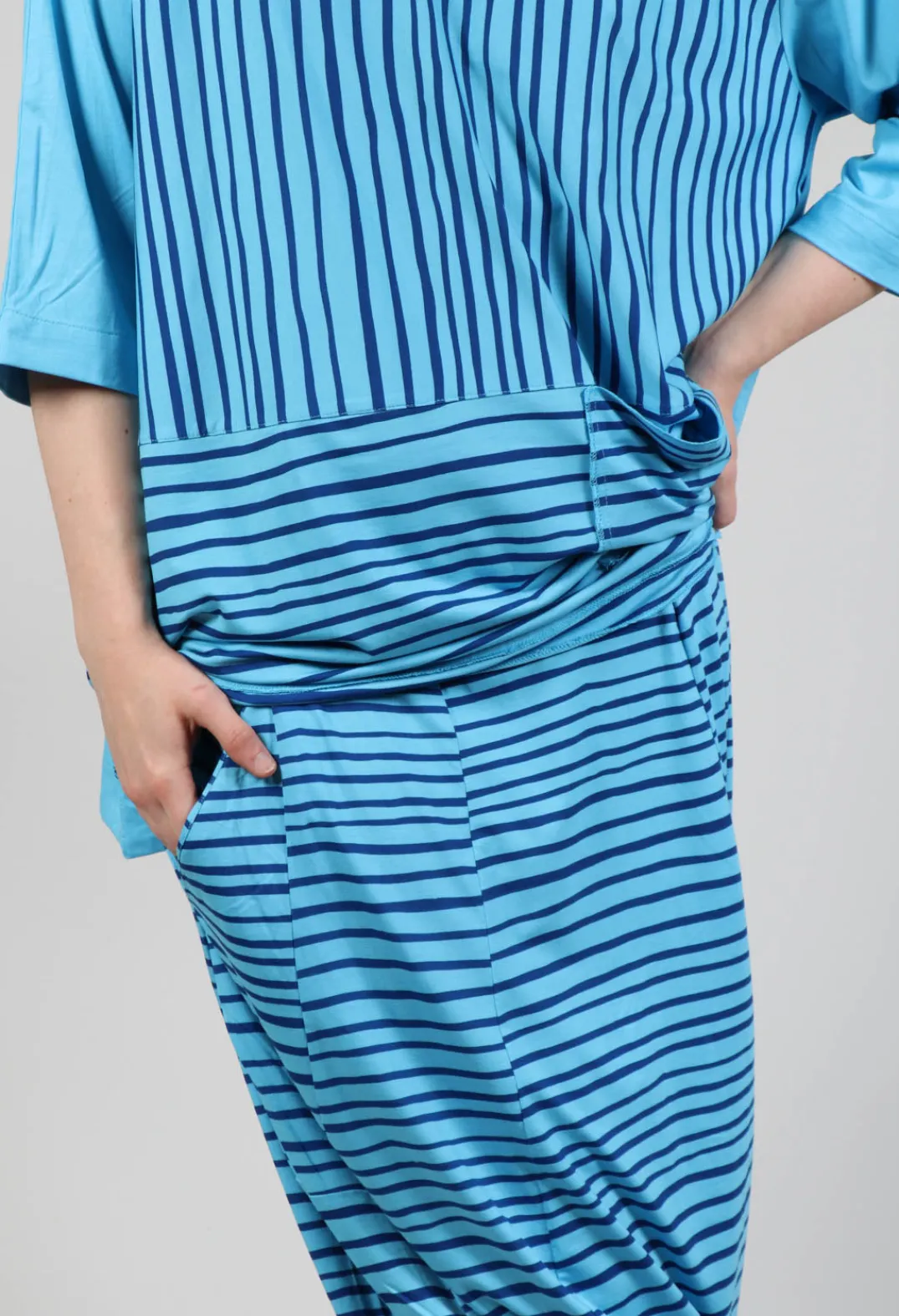 Bread and Butter Trousers^Jersey Drop-Crotch Trousers in Turquoise with Blue Lines