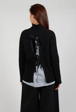 Mei Meij Tops^Jumper with Striped Underlay in Nero and Off White Antracite