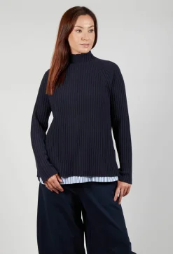 Mei Meij Tops^Jumper with Striped Underlay in Dark Navy and Off White