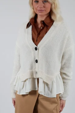 Mei Meij Cardigans^Knitted Cardigan with Frill Hem in White Wool