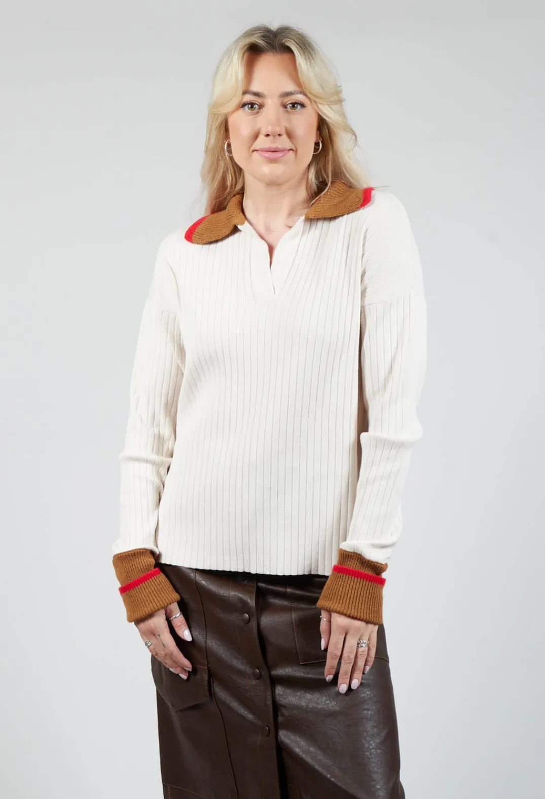 Beatrice B Jumpers^Knitted Collar V Neck Loose Fit Jumper in Biege