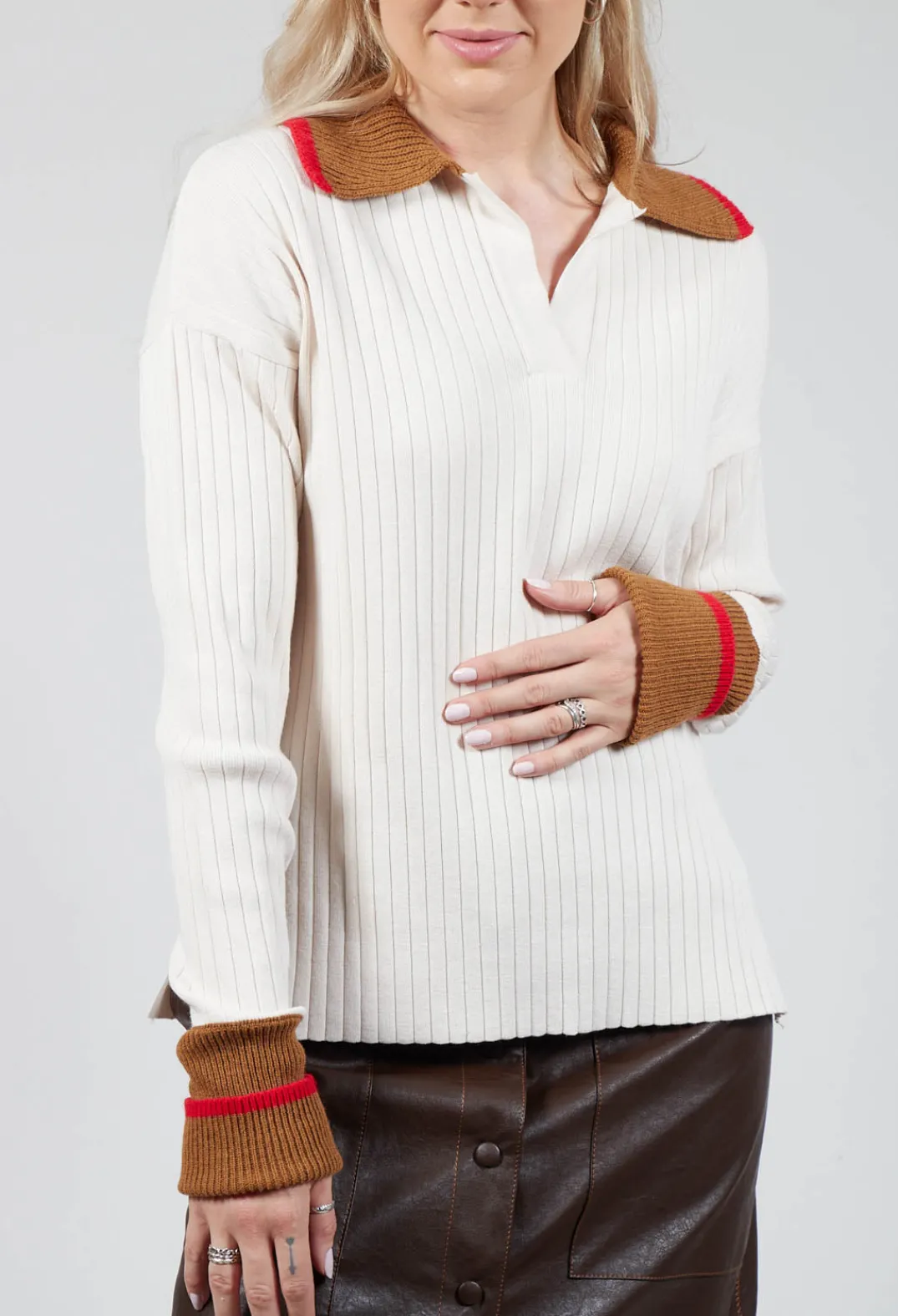 Beatrice B Jumpers^Knitted Collar V Neck Loose Fit Jumper in Biege