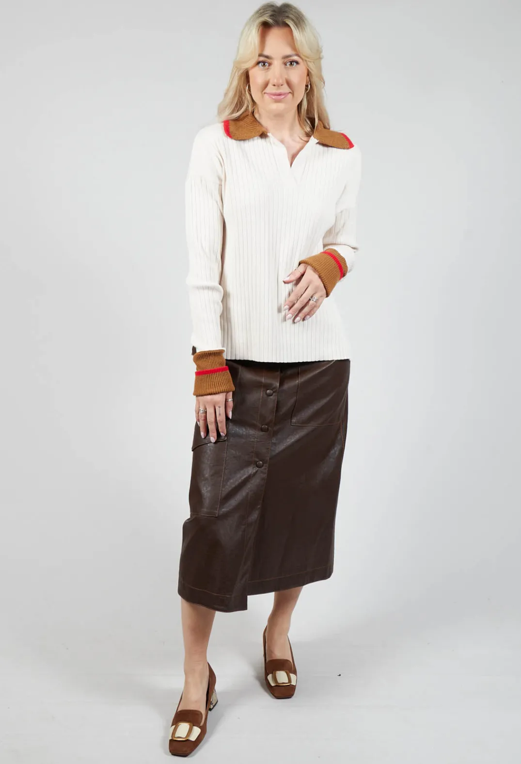 Beatrice B Jumpers^Knitted Collar V Neck Loose Fit Jumper in Biege