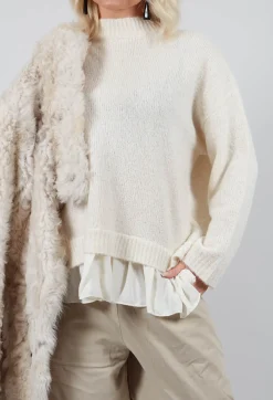 Mei Meij Jumpers^Knitted Jumper with Frill Hem in White Wool