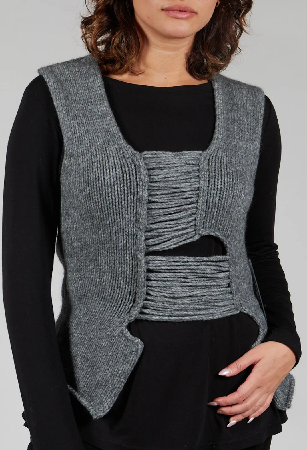 Isabel Benenato Tops^Knitted Vest with Ladder Feature in Grey