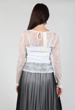 Sanctamuerte Tops^Lace Long Sleeve T-Shirt in Pizzo Panna
