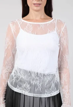 Sanctamuerte Tops^Lace Long Sleeve T-Shirt in Pizzo Panna