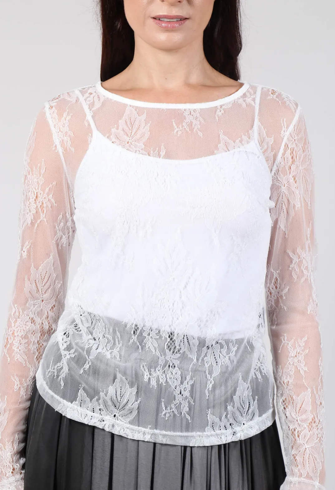 Sanctamuerte Tops^Lace Long Sleeve T-Shirt in Pizzo Panna