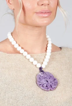 Beatrice Markatos Necklaces^Large Beaded Necklace with Dragon Pendant in White and Purple