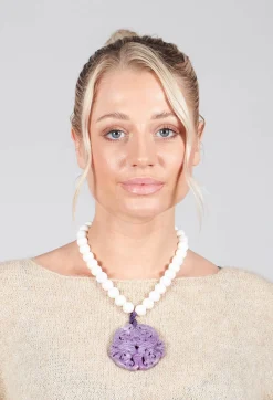 Beatrice Markatos Necklaces^Large Beaded Necklace with Dragon Pendant in White and Purple