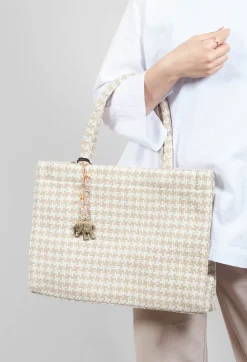 Anokhi Bags^Large Tote Bag with Dogtooth Print in Off White and Sand