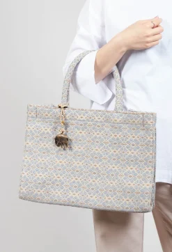 Anokhi Bags^Large Tote Bag with Flower Print in Steel Grey