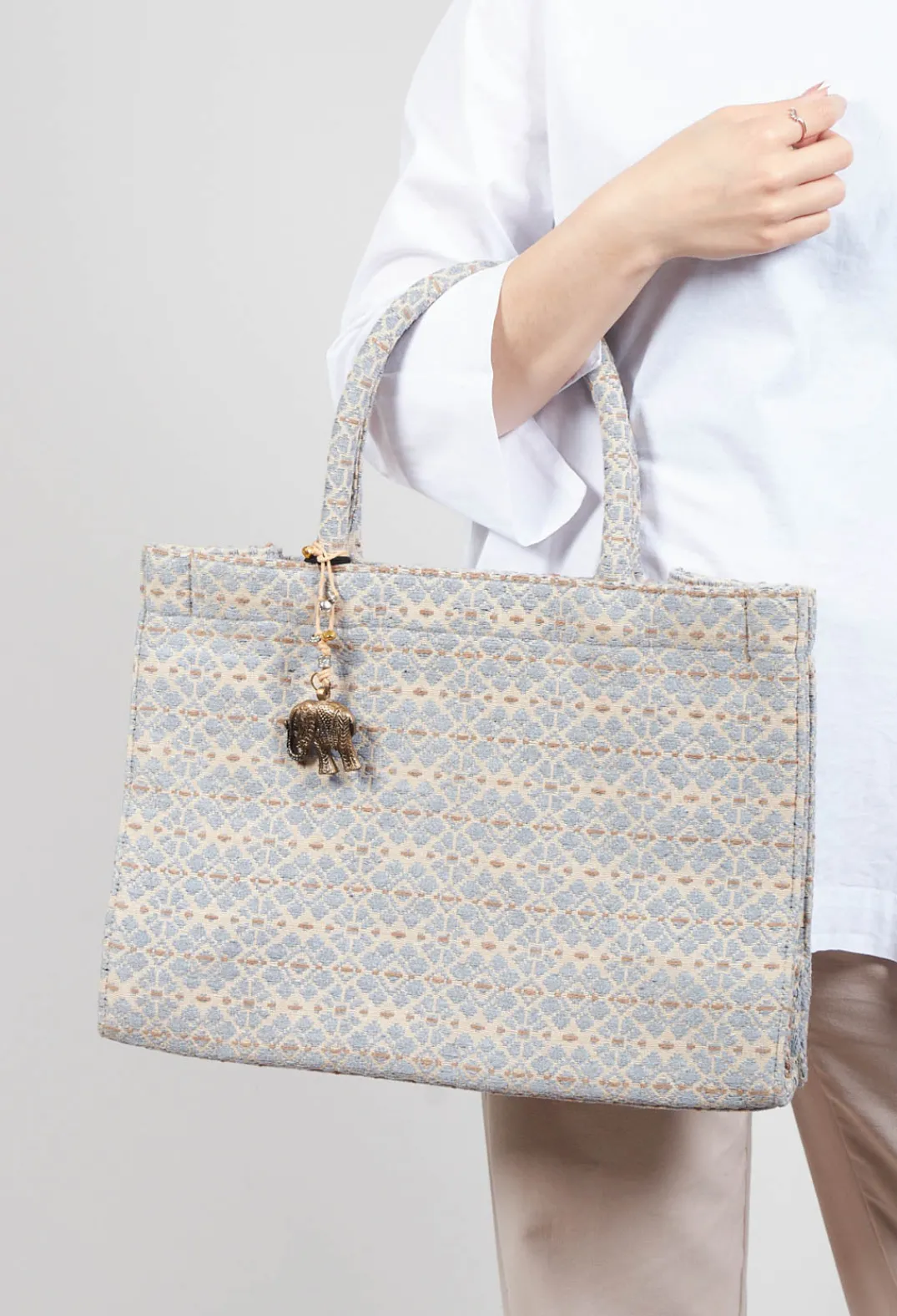 Anokhi Bags^Large Tote Bag with Flower Print in Steel Grey