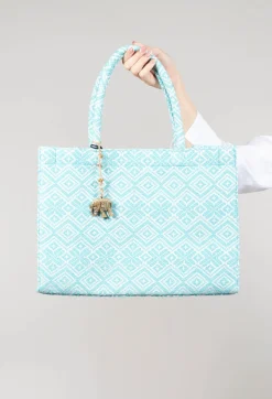 Anokhi Bags^Large Tote Bag with Geometric Print in Ocean Blue