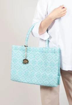 Anokhi Bags^Large Tote Bag with Geometric Print in Ocean Blue