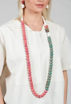 Alice Visin Necklaces^Long Length Necklace with Floral Beading in Red and Green