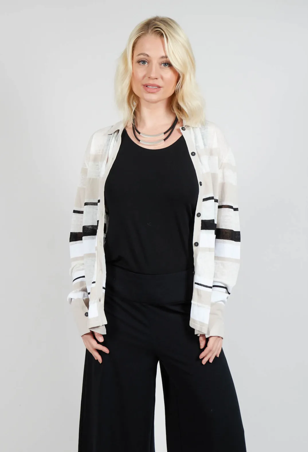 Sarah Pacini Cardigans^Long Sleeve Button Through Cardigan in Beige Stripe