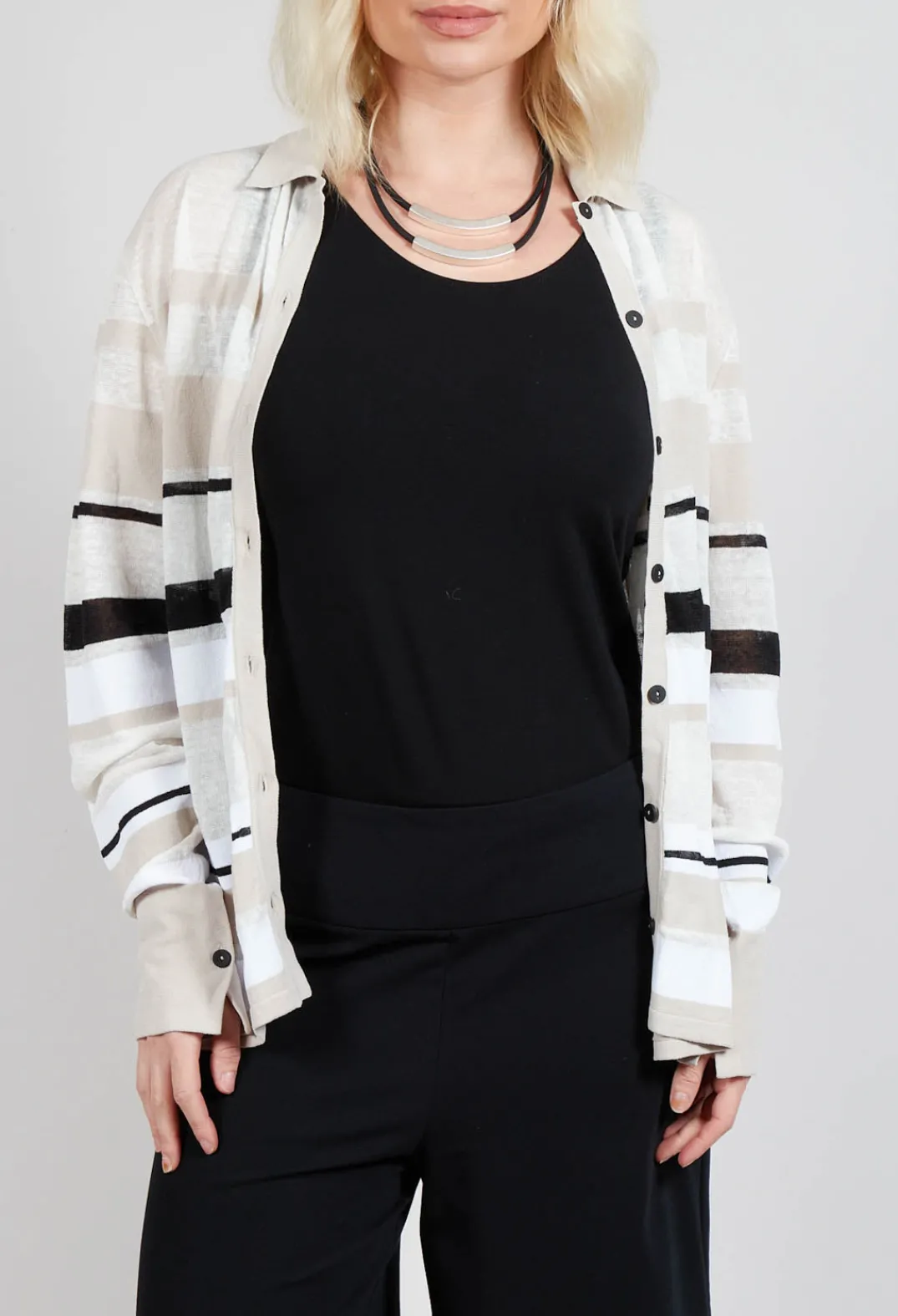 Sarah Pacini Cardigans^Long Sleeve Button Through Cardigan in Beige Stripe