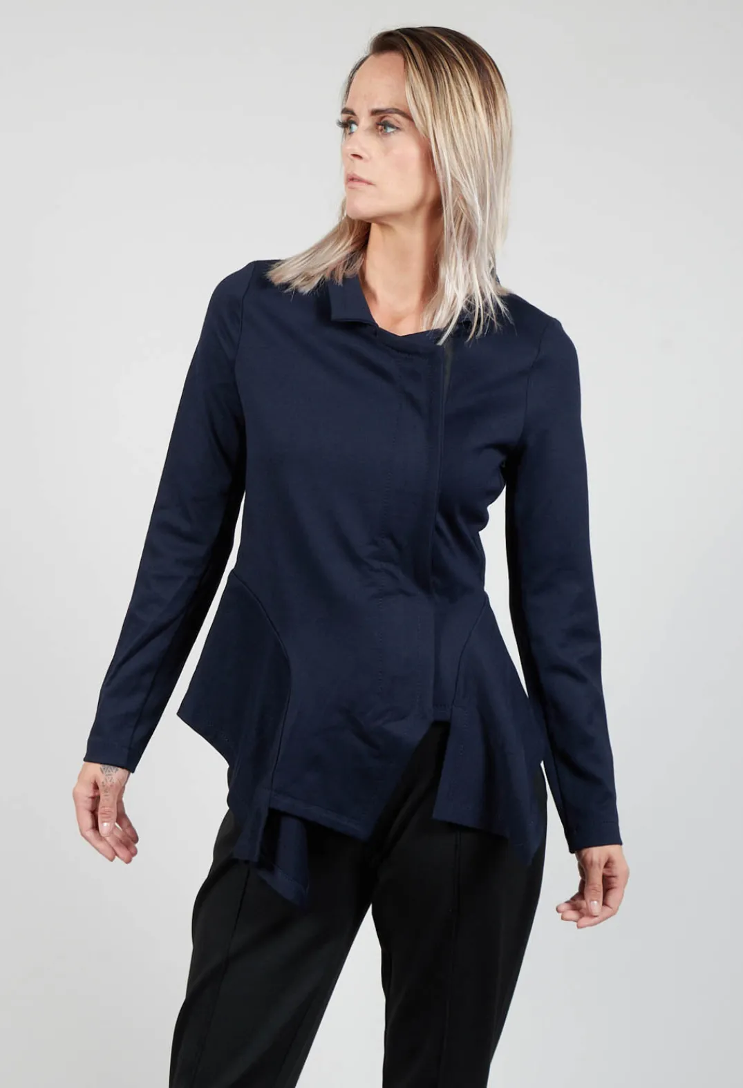 Xenia Design Jackets^Long Sleeve Jacket with Asymmetric Peplum Hem in Dark Blue