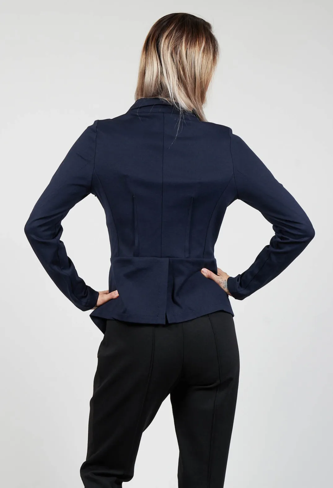 Xenia Design Jackets^Long Sleeve Jacket with Asymmetric Peplum Hem in Dark Blue