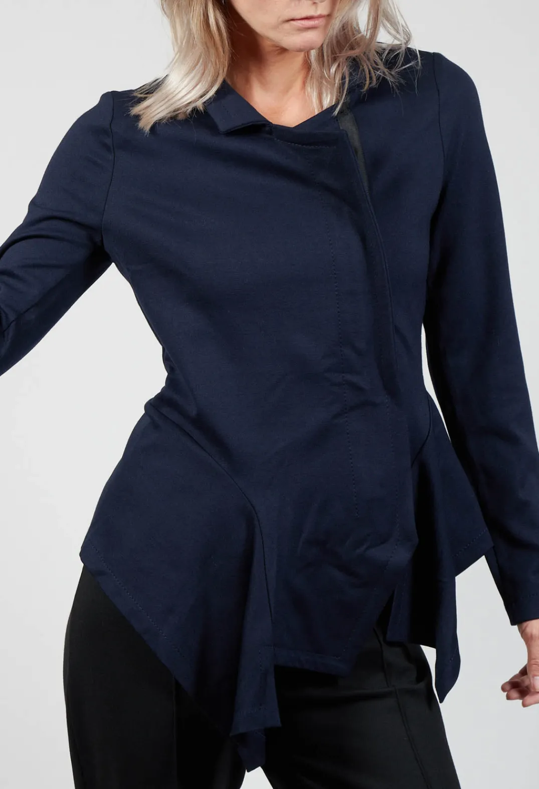Xenia Design Jackets^Long Sleeve Jacket with Asymmetric Peplum Hem in Dark Blue