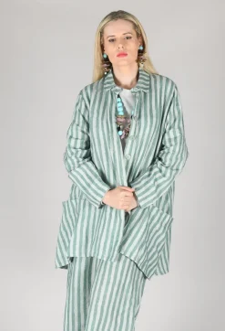 Thing Jackets^Long Sleeve Linen Stripe  Jacket in Teal