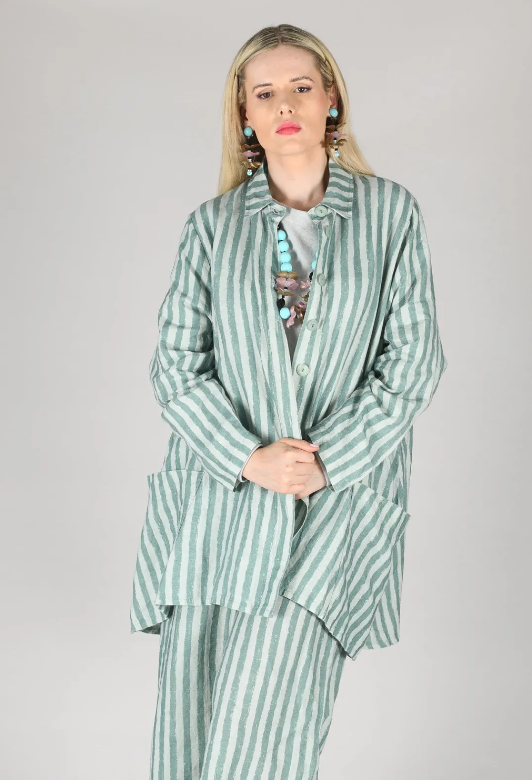Thing Jackets^Long Sleeve Linen Stripe Jacket in Teal