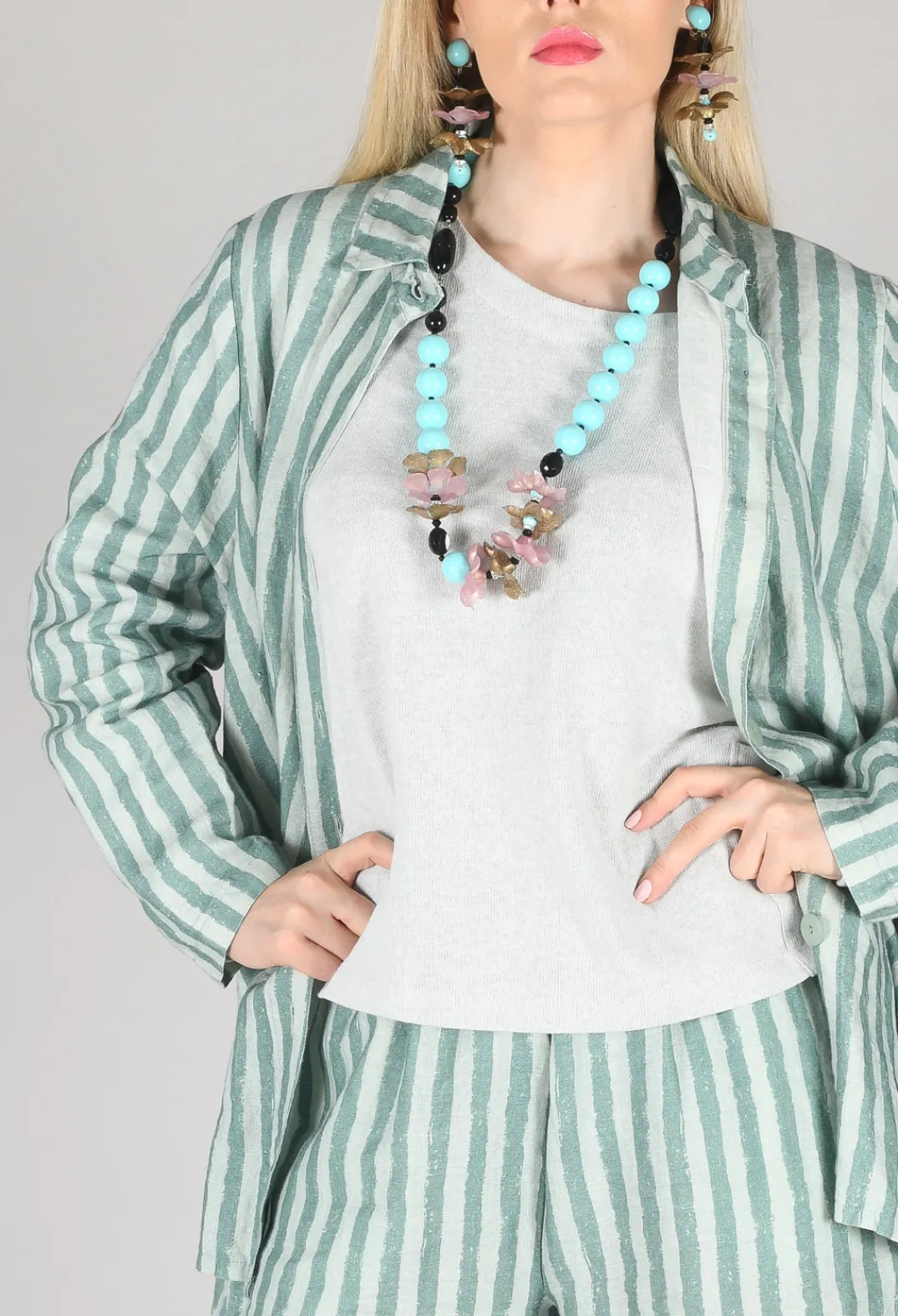 Thing Jackets^Long Sleeve Linen Stripe Jacket in Teal