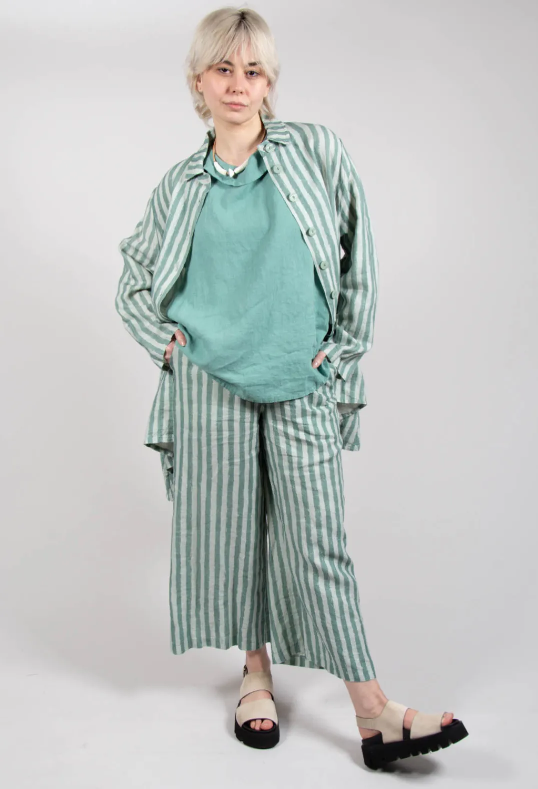 Thing Jackets^Long Sleeve Linen Stripe Jacket in Teal