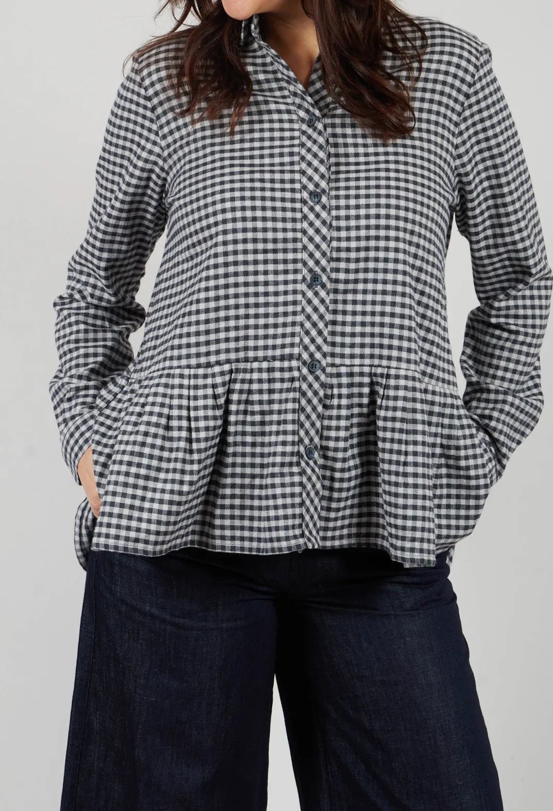 Mes Soeurs u0026 Moi Shirts & Blouses^Long Sleeve Shirt with Flared Hem in Navy Check