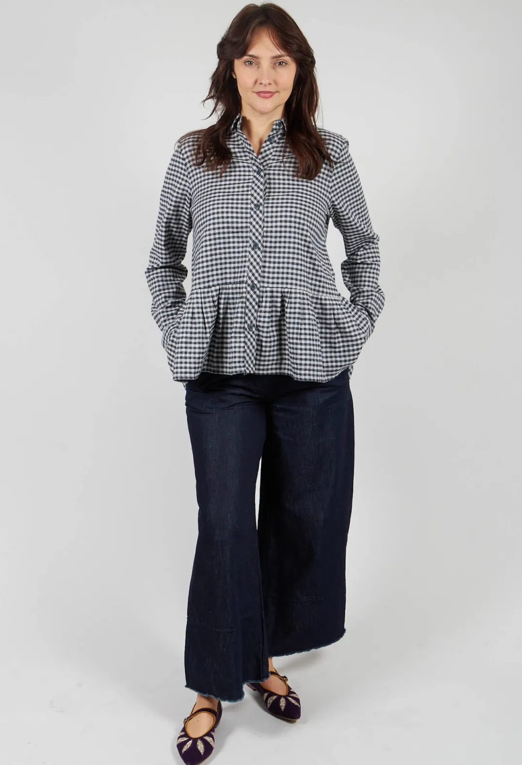 Mes Soeurs u0026 Moi Shirts & Blouses^Long Sleeve Shirt with Flared Hem in Navy Check