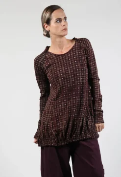 Rundholz Black Label Tops^Long Sleeve Top with Gathered Hem in Bronze Check