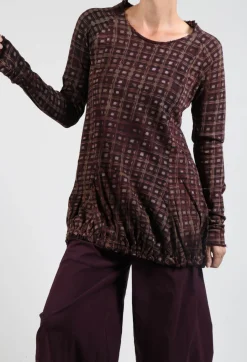 Rundholz Black Label Tops^Long Sleeve Top with Gathered Hem in Bronze Check