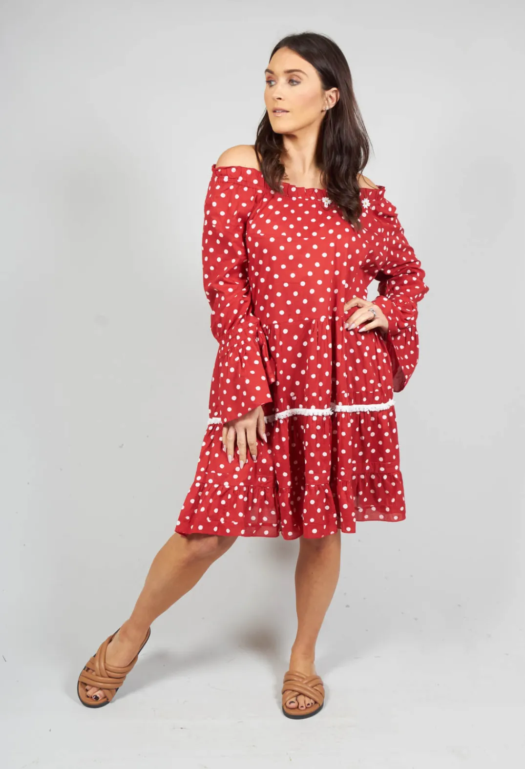Rhum u0026 Raisin Shirts & Blouses^Long Sleeve Tunic in Audrey Red and White Polkadot