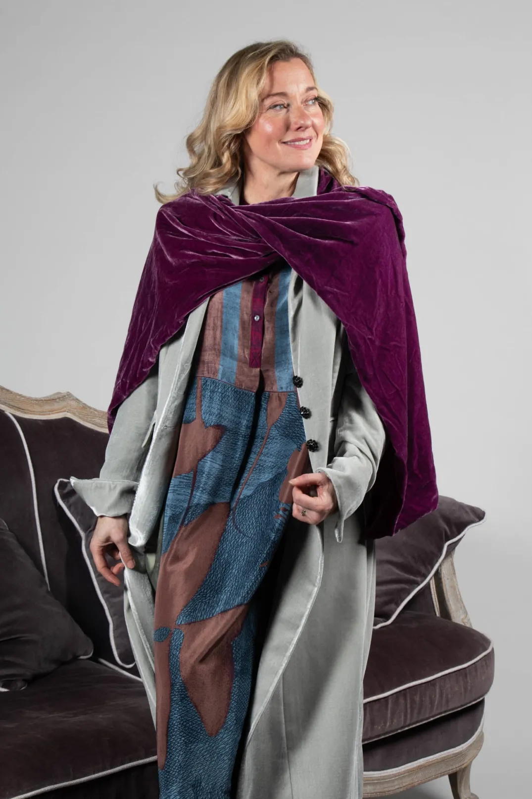 T.ba Coats^Long Velvet Coat in Pearl