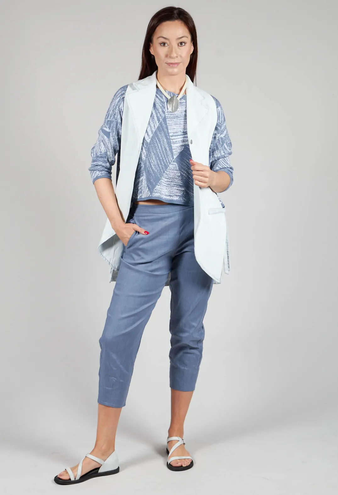Malloni Tops^Longline Denim Waistcoat in Bleu Baby