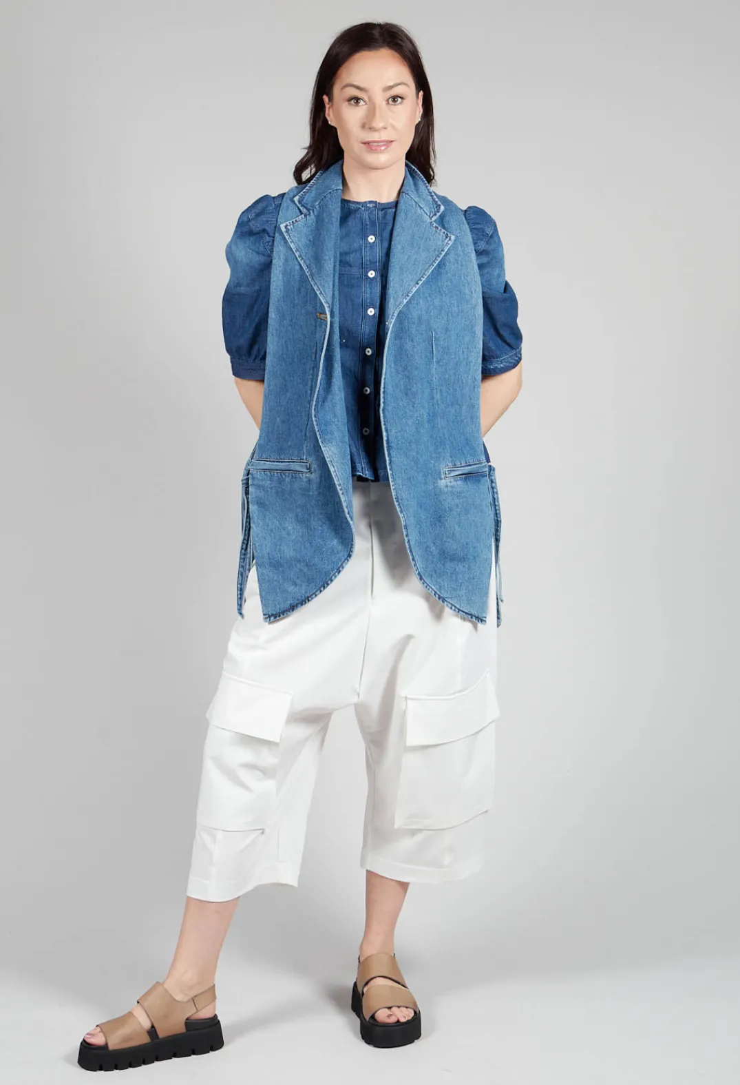 Malloni Tops^Longline Denim Waistcoat in Celeste