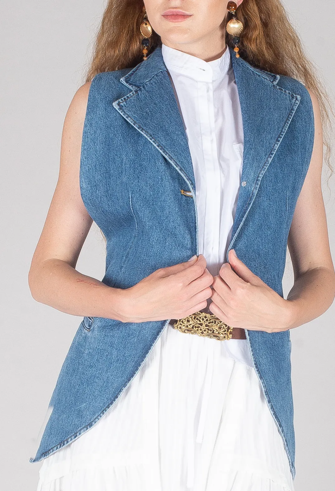 Malloni Tops^Longline Denim Waistcoat in Celeste