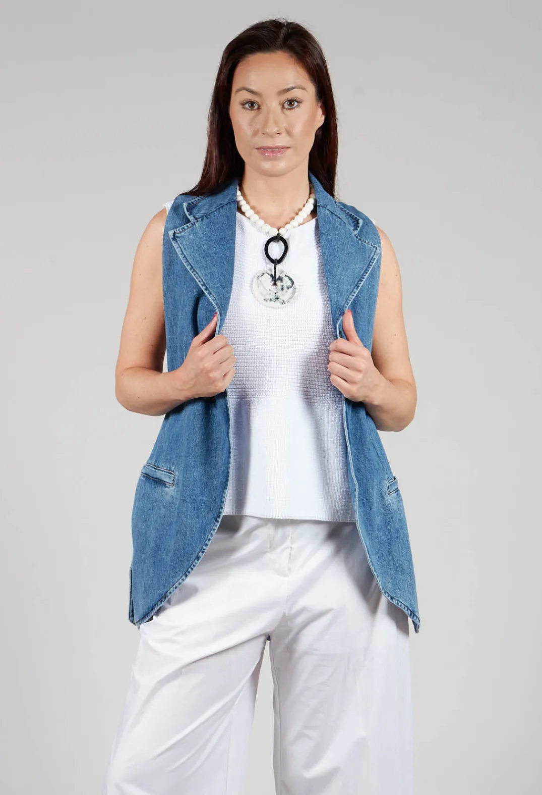 Malloni Tops^Longline Denim Waistcoat in Celeste