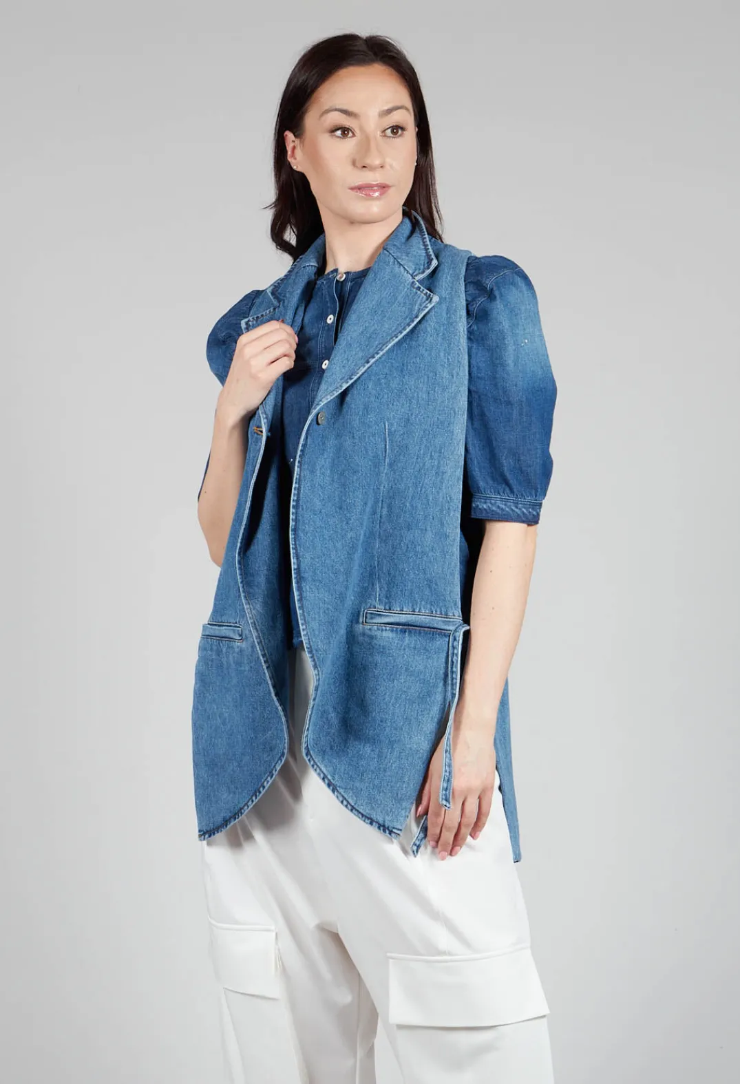 Malloni Tops^Longline Denim Waistcoat in Celeste
